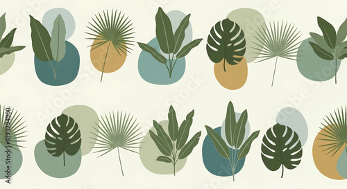 Tropical leaf seamless wallpaper pattern in modern flat vector style, vibrant nature-inspired background perfect for interior decor and creative surfaces