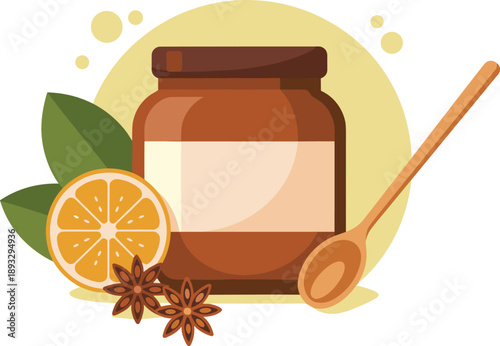 Artisan Glass Jar of Marmalade with Sliced Orange, Star Anise, and Wooden Spoon, Concept of Homemade Preservation, Natural Culinary Craft