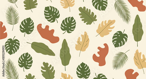 Tropical leaf seamless wallpaper pattern in modern flat vector style, vibrant nature-inspired background perfect for interior decor and creative surfaces