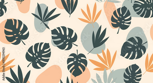 Tropical leaf seamless wallpaper pattern in modern flat vector style, vibrant nature-inspired background perfect for interior decor and creative surfaces