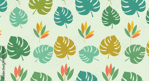 Tropical leaf seamless wallpaper pattern in modern flat vector style, vibrant nature-inspired background perfect for interior decor and creative surfaces