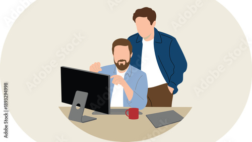 Two Professionals Collaborating at a Computer Workstation, Concept of Workplace Mentorship, Technical Knowledge Transfer, Professional Synergy, and Creative Team Partnership Vector Illustration
