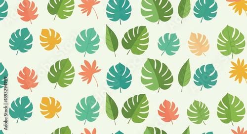 Tropical leaf seamless wallpaper pattern in modern flat vector style, vibrant nature-inspired background perfect for interior decor and creative surfaces
