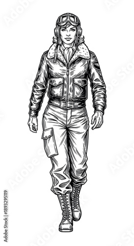 Vintage woman pilot walking confidently in flight gear