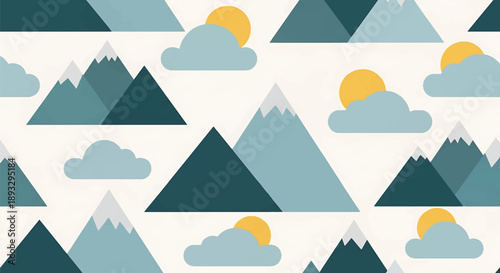 Modern seamless wallpaper pattern with mountain silhouettes and clouds, flat vector nature background perfect for minimalist and outdoor-themed designs
