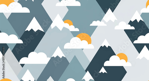 Modern seamless wallpaper pattern with mountain silhouettes and clouds, flat vector nature background perfect for minimalist and outdoor-themed designs