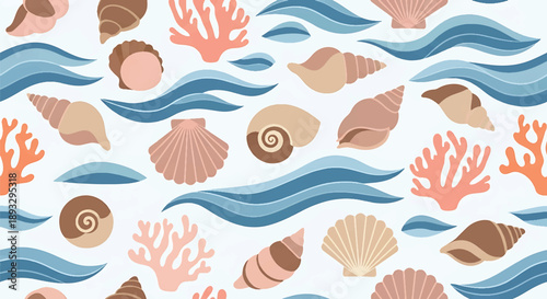 Seamless ocean-inspired wallpaper pattern with waves and marine shapes, modern flat vector background ideal for coastal and summer designs