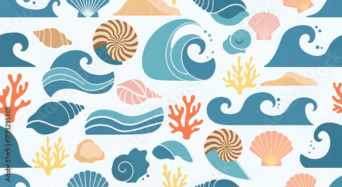 Seamless ocean-inspired wallpaper pattern with waves and marine shapes, modern flat vector background ideal for coastal and summer designs