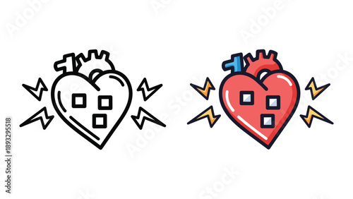 Damaged heart icon set with electric shock