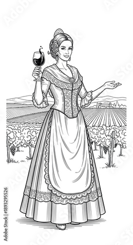 Elegant Spanish woman holding wine glass in vineyard at sunset