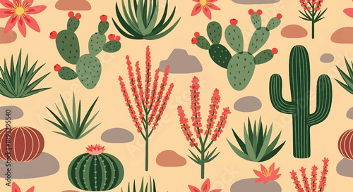 Modern seamless cactus wallpaper pattern with desert plants, flat vector nature background perfect for playful and contemporary designs
