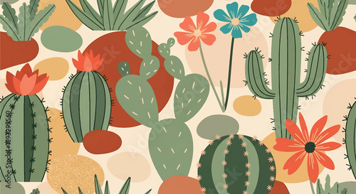 Modern seamless cactus wallpaper pattern with desert plants, flat vector nature background perfect for playful and contemporary designs