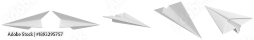 Photos various white paper airplanes depicted in different flight positions, soaring through the air, rendered with a clean and minimal aesthetic