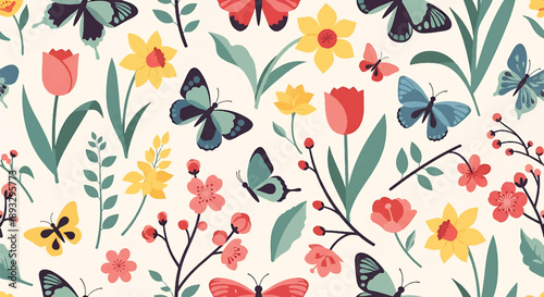Seamless butterfly and flower wallpaper pattern, modern flat vector nature illustration perfect for spring and decorative surfaces