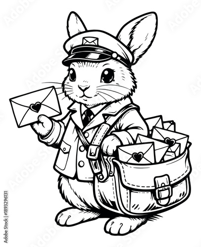 Hand drawn illustration of a rabbit postman depicting delivery of mail with heart envelopes for romantic occasions