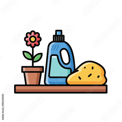 A cartoon shelf with a plant, detergent, and sponge