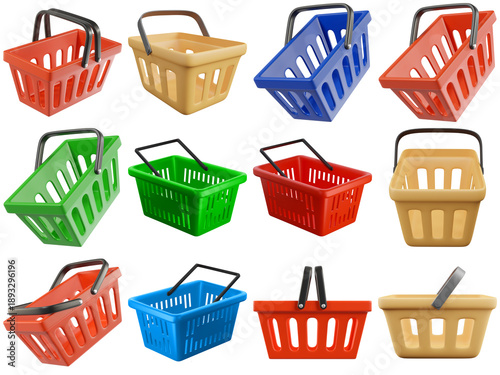 dynamic 3d render featuring multiple colorful plastic shopping baskets, perfect for retail and e-commerce promotions.