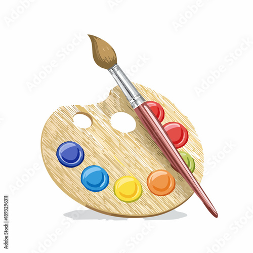 Paintbrush on Wooden Painter Palette with Colors.