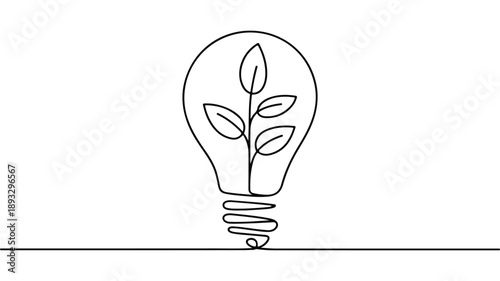 Minimalist One Line Drawing of Eco-Friendly Light Bulb with Growing Plant for Green Energy Concepts