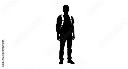 Silhouette of a person wearing a backpack standing against a white background.