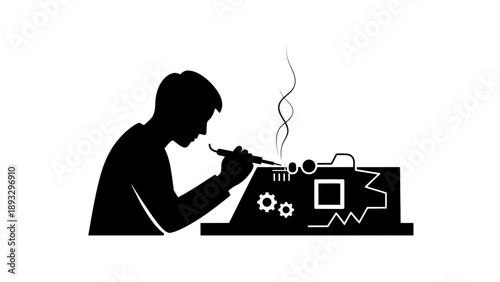 Silhouette of a person soldering a circuit board with smoke rising.