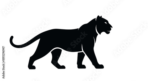 Silhouette of a powerful black panther walking with its tail curled.