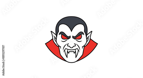 Spooky Vampire Head Illustration with Red Eyes and Sharp Fangs, Perfect for Halloween or Horror-Themed Designs, Mythical Creature Icon