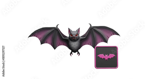 Illustration of a bat with wings spread and glowing red eyes, beside a square icon of a pink bat silhouette on a dark background