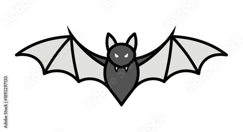 A Simple Black and Gray Cartoon Bat Illustration with Wings Spread Wide, a Symbol of Halloween and Nighttime Flights