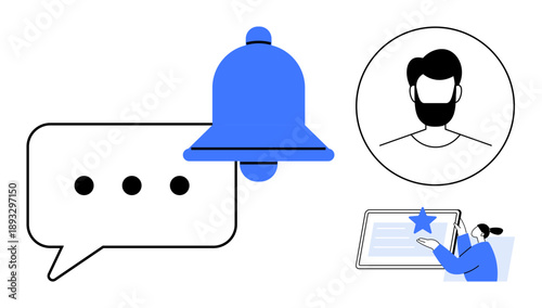 Notifications, user interaction, communication, feedback systems, reminders, online profiles. Elements include a notification bell, chat bubble profile avatar and interaction scene. Notifications