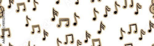 Seamless vector pattern of hand-drawn music notes in grunge scrapbook style. Bold crayon melody background with cutout paper effect for kids zine, nursery wallpaper, and kindergarten craft design.