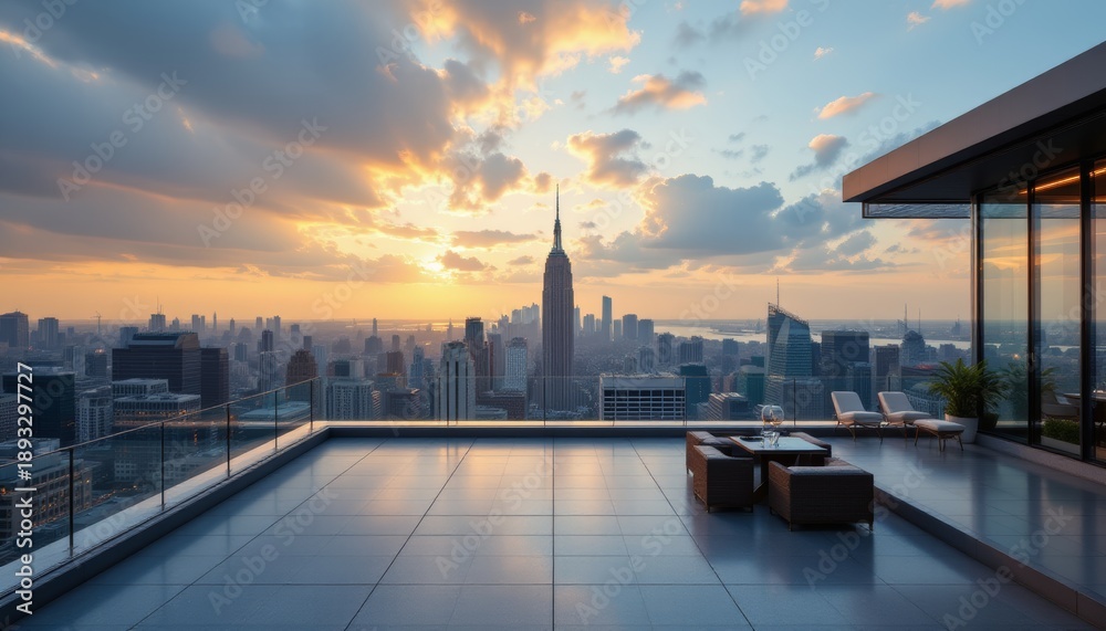 Fototapeta premium Rooftop Terrace Overlooking City Skyline at Sunset