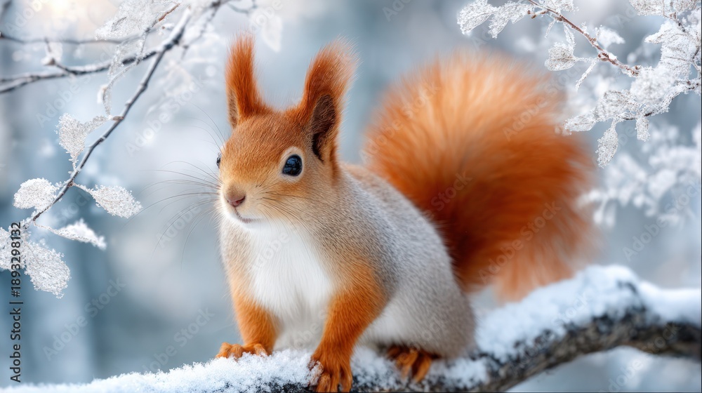 Fototapeta premium Red squirrel sitting on snow covered branch in winter