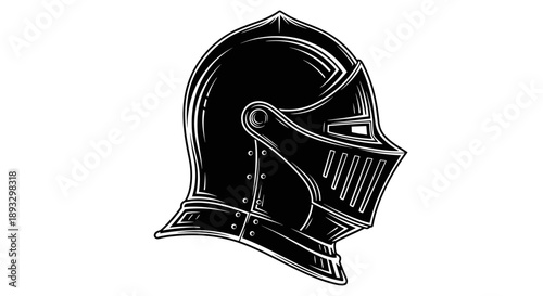 Medieval Knight Helmet Illustration Black and White.
