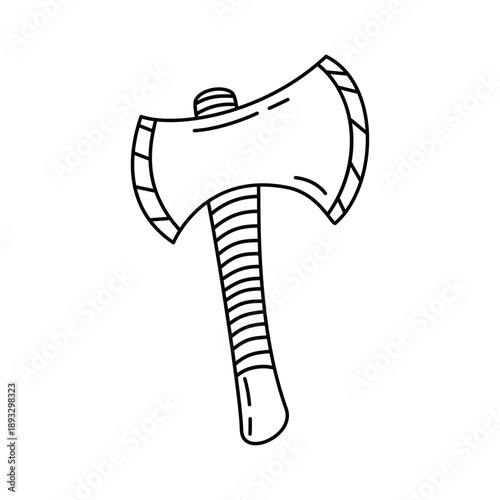 A vector illustration of a sharp steel axe tool with a wooden handle isolated on white and a rusty iron hatchet blade used to chop or cut wood for work