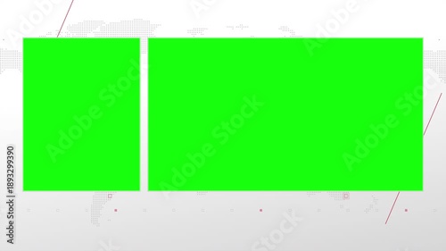 Two box split screen for news, interviews, live broadcast, tv shows, live streaming. Green chroma key cut, 4K loopable world map background with red elements, simplicity and minimalism design.