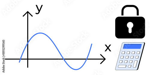 Data protection, computation, analytics, encryption, secure systems, mathematical modeling. Line graph with lock and calculator. Data protection and computation concept
