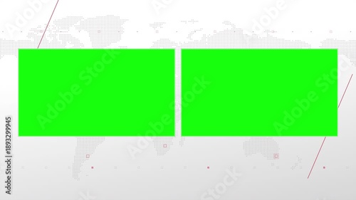 Two box split screen for news, interviews, live broadcast, tv shows, live streaming. Green chroma key cut, 4K loopable world map background with red elements, simplicity and minimalism design.