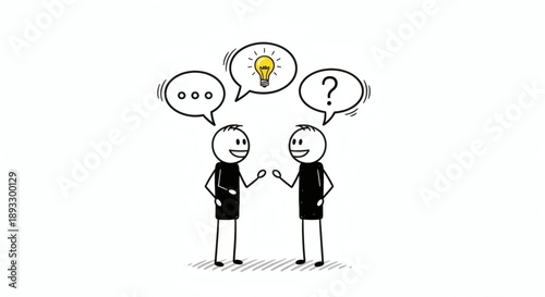 Two stick figures engage in a dynamic conversation, representing brainstorming, idea sharing, and collaborative problem-solving through effective communication