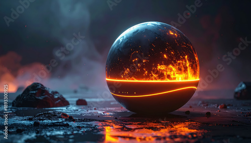 Molten Planetoid with Orange Glow and Blue Light on Dark Landscape