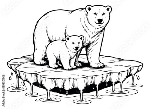 Hand drawn line art illustration of polar bears depicting a family on a melting ice floe for environmental awareness