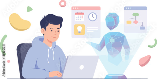 Future of work concept a young professional using a laptop and an AI hologram for digital project management and innovation