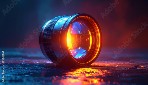 Close-up of a Camera Lens with Reflecting Orange and Blue Light, Photography, Optics, Technology, Creative Vision Concept