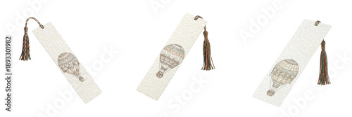 Tableau sur toile Set of Elegant White Paper Bookmarks with Tassels and Hot Air Balloon Illustrati