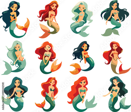 Colorful mermaid characters collection, cute fantasy sea princesses vector illustration set isolated on white background magical ocean design art concept