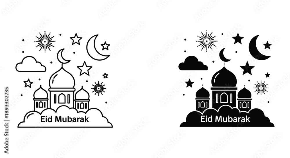 Obraz premium Islamic Mosque Silhouette with Stars and Moon