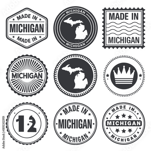 Collection of vintage style michigan made in usa stamps and badges