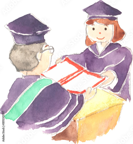 博士課程の卒業式の水彩イラスト　ベクター