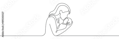 Mother kissing newborn baby in continuous one line art style representing love care and family bond. Editable stroke. Doodle hand drawn vector illustration