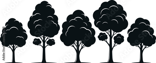 Collection of five stylized deciduous tree silhouettes in a row for forest landscape design and environmental nature vector illustration background